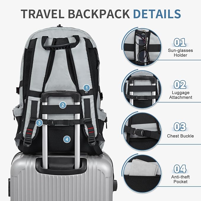 Travel Backpack for Men, 45L Expandable TSA Approved Laptop Backpack Fits 18.4 Inch, Water-Repellent W/Shoe Compartment & Wet Pocket Anti-theft Pocket, Light Grey