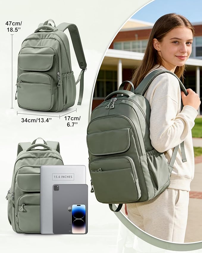 Student School Backpack for Teen Girls Middle High School Bookbag Casual Daypack, 15.6 Inch Laptop Backpack for College, Green