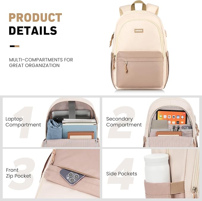 School Backpack for Teens Girls, Cute Student Bookbag Large 15.6 Inch Laptop Bag Aesthetic College Backpacks for Women High School Travel (Khaki Beige)