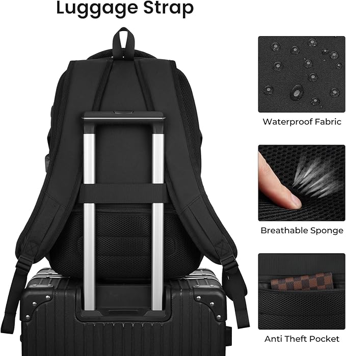 YAMTION Black Backpack for Men and Women, Laptop Backpack with USB Charging Port, School Backpack for Boys and Girls, Lightweight Bookbag, Work Backpack Fits 17.3 Inch Notebook