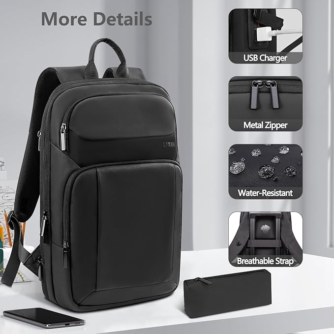 Backpack for Men Slim & Expandable Travel Laptop Backpack with USB Charging Port Water Resistant Anti-Theft Business Backpack Fits 17.3In Laptop for Commute Work College with Small Bag（Business Black）