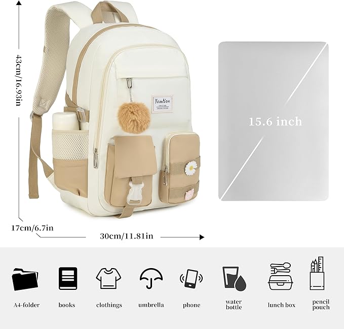 YAMTION School Backpack for Teen Girls,15.6in Laptop Backpack Kids Bookbag for Middle School College Students,Cute School Bag for Women (Khakibeige, Fits 15.6in PC)