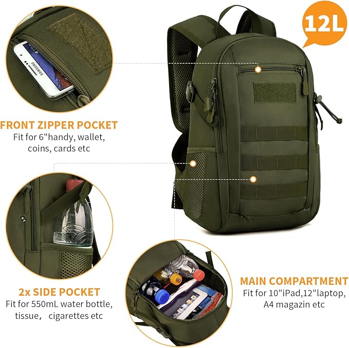HUNTVP 10L Tactical Backpack Small Backpack Mini Daypack Military MOLLE Rucksack Gear Tactical Assault Pack Bag for Hunting Camping Trekking (10L-Army Green)