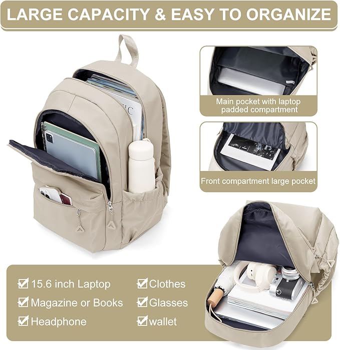 Casual Laptop Backpack for Women Men College Bookbag Waterproof Lightweight School Bag 15.6inch Laptop Daypack Large Capacity School Backpack for Teens Boys Girls (khaki)