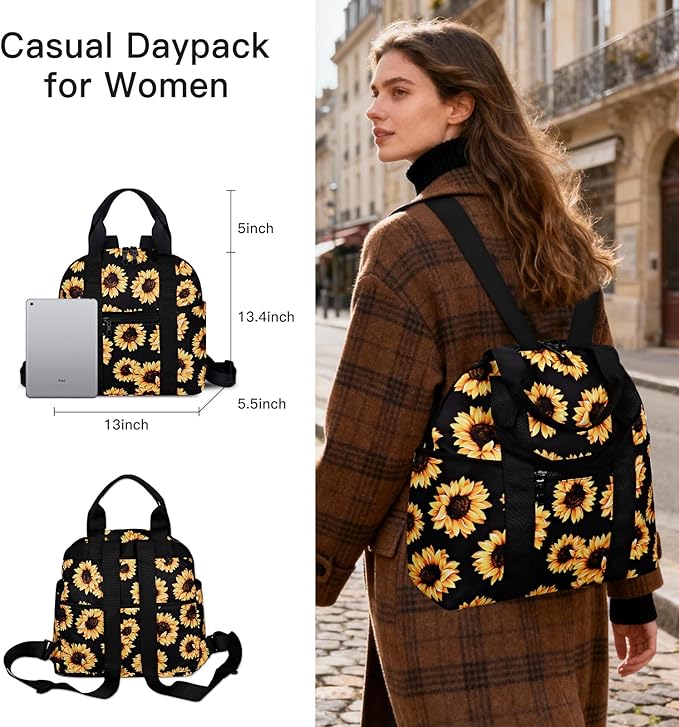 Women’s Backpack Purse Medium Size with Trolley Sleeve, Adjustable Strap/Top Handle, Water Resistant Travel Daypack, Sunflower