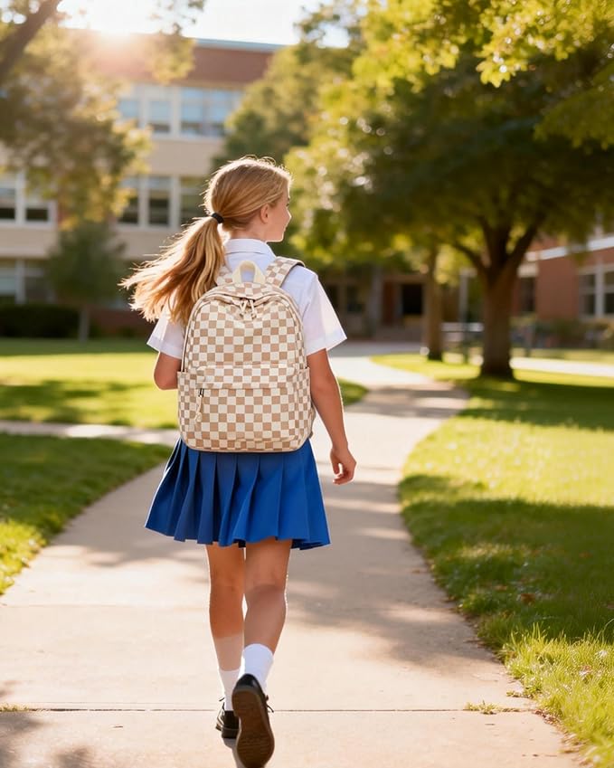 LOULOU Kids Backpack for Girls, Large Checkered School Backpack for Kids 8-12, Lightweight Bookbag for Elementary Middle & High School, Travel & Airplane Backpack for Kids, Cute Back to School Gifts