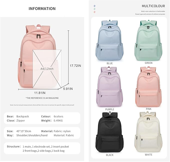 Cute College Backpack for School Aesthetic Backpack for Teen Girls Students Laptop Bag Large Capacity Bookbags Kids Travel Lightweight Backpacks for Casual Daypacks School Bag Solid Color(White)