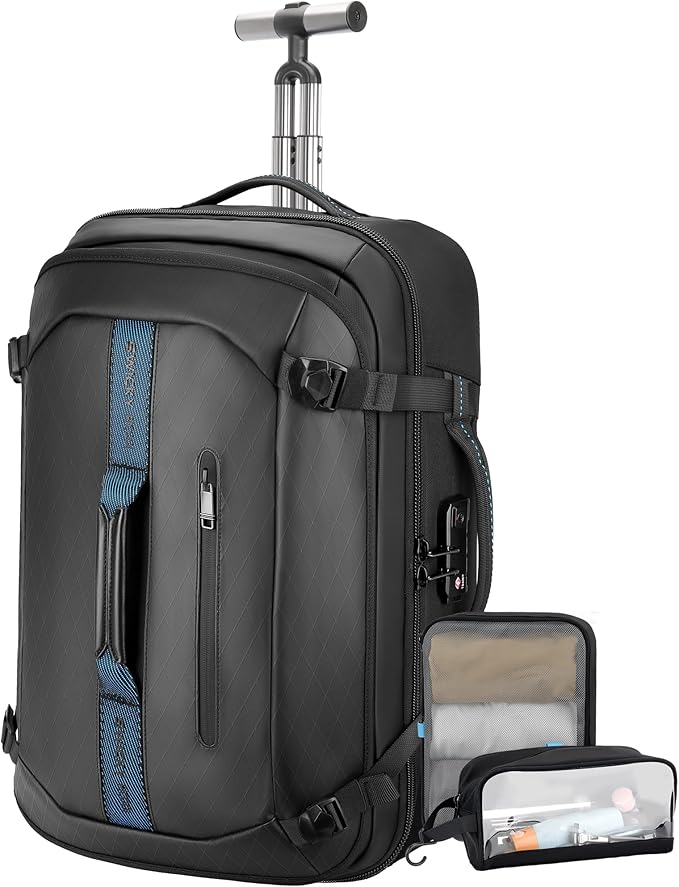 Backpack with wheels,Rolling laptop backpack with 2 Packing Cubes,Water-Resistant,Carry-On Luggage Suitcase for Men Adults to Travel, Commuting,Black