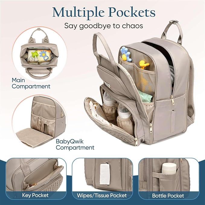 Diaper Bag Backpack - Extra Large Diaper Bag for Two Kids Twins (Expandable 30-38L) - Travel Baby Backpack with Changing Pad for Mom Dad (Quilted, Water Resistant, Brown Taupe)