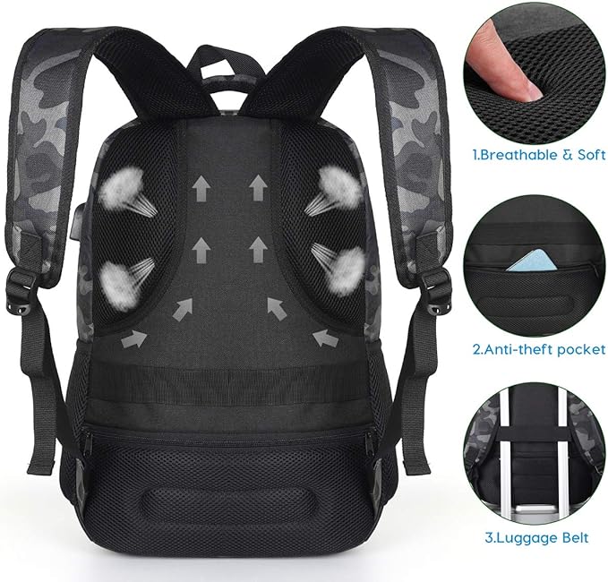 YAMTION Men's and Women's Laptop Backpack with USB Charging Port for Business University 35L (15.6 Inches, B6-Black Camouflage)