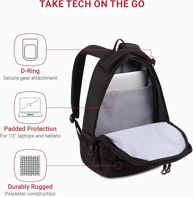 SwissGear 1186 Special Edition 13” Laptop Backpack Black – Compact Tech Bag with Reflective Accents – Multiple Organizer Pockets with Bungee Cords & D-ring Attachment Point