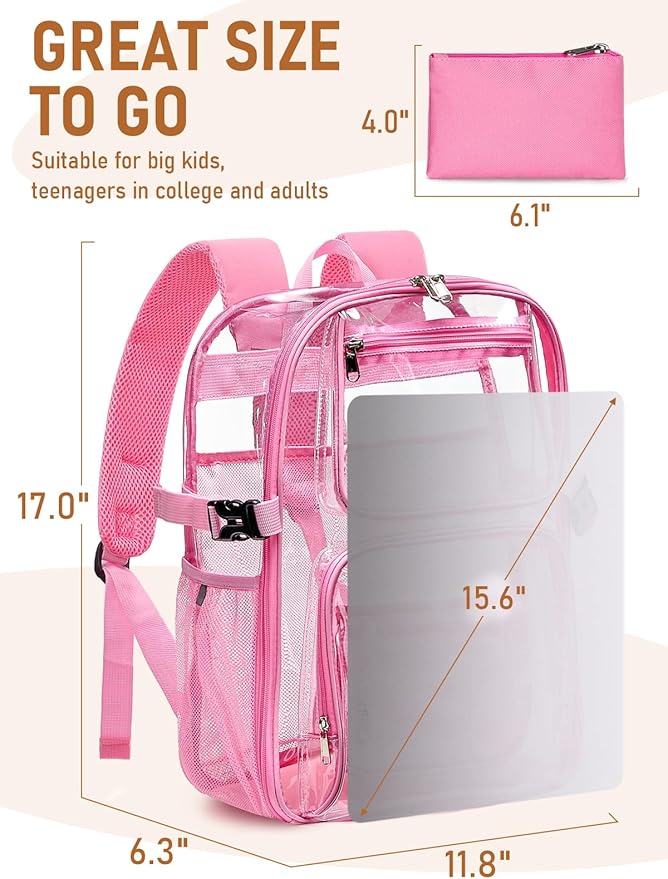 Clear Backpack Heavy Duty, Large TPU Clear Bookbag for Boys Girls Adult, See Through Transparent Back Pack with Multiple Pockets for College Work Casual Security,Pink