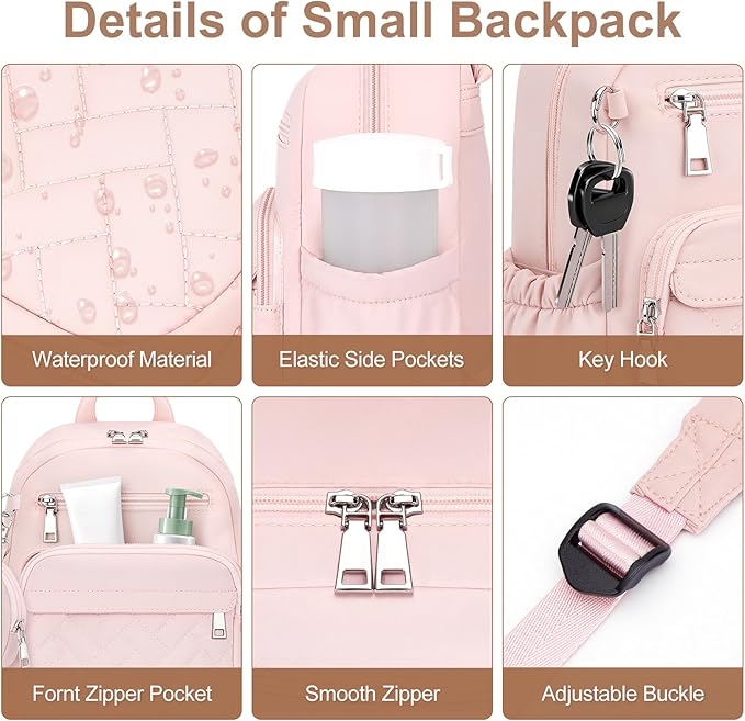 Mini Backpack for Women Small Backpack Purse, Anti Theft Backpack Waterproof Lightweight Puffer Back packs for Travel, Work with Coin Purse Pink