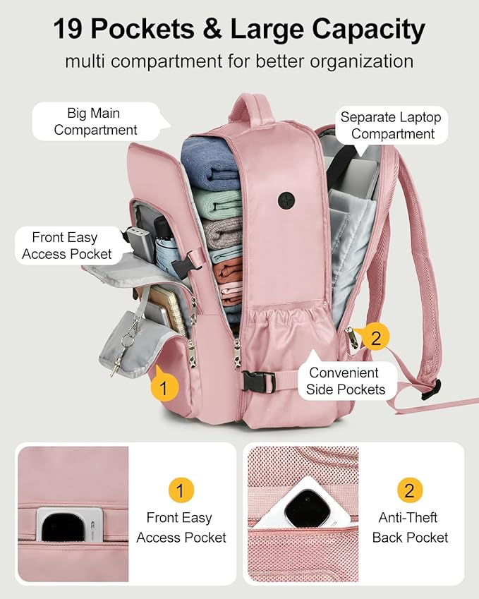 Travel Backpack for Women & Men, Large Carry On Personal Item Bag Airline Approved, Waterproof Traveling Overnight Bags, Gifts Laptop Backpack for Travelers College-Students Commuters (Pink)