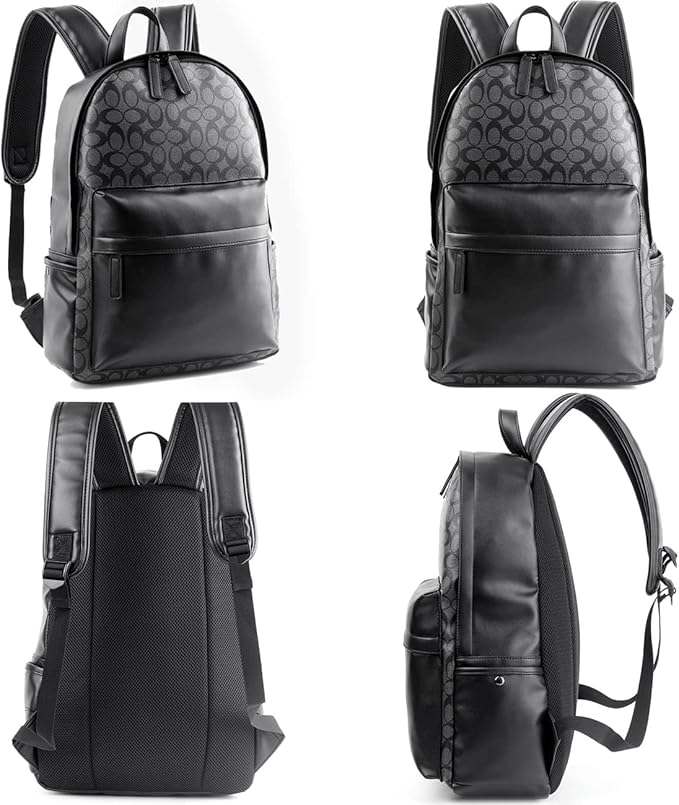 Leather Laptop Backpack for Men Women, School College Bookbag Casual Travel Daypack (Black)