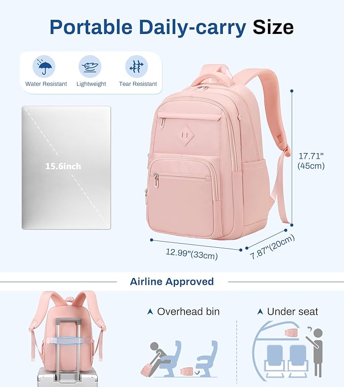 School Backpack for Girls, Lightweight Kids Bookbag Classic College Backpack for Teen Women with Luggage Strap, Age 8-18 Years Old, Pink