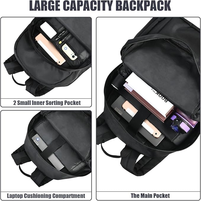 Classical Basic Black Backpack for School, Water Resistant Bookbag for Boys Girls, Travel Laptop Backpacks, Work Back pack for Men, Book Bags for College Students (Black)