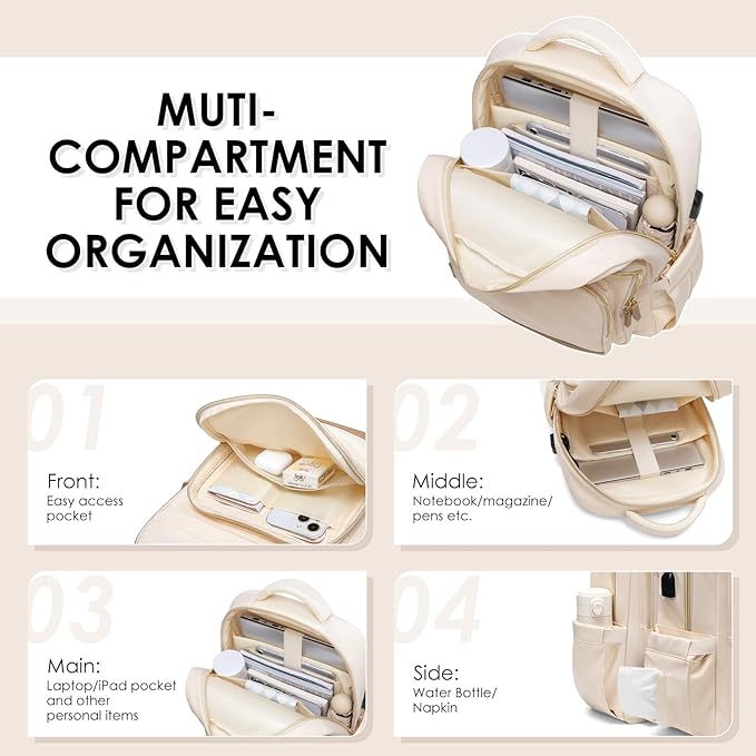 Laptop Backpack for Women,Travel Backpack with Laptop Compartment,Casual Daypack College Bookbag Computer Backpack for Work with Small Organizer Bag,Beige
