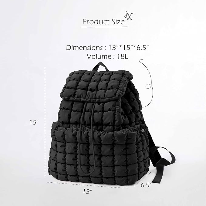ODODOS Quilted Backpack 2.0 for Women Lightweight Puffer Hiker Pack Drawstring Padding Travel Gym Bag, Black