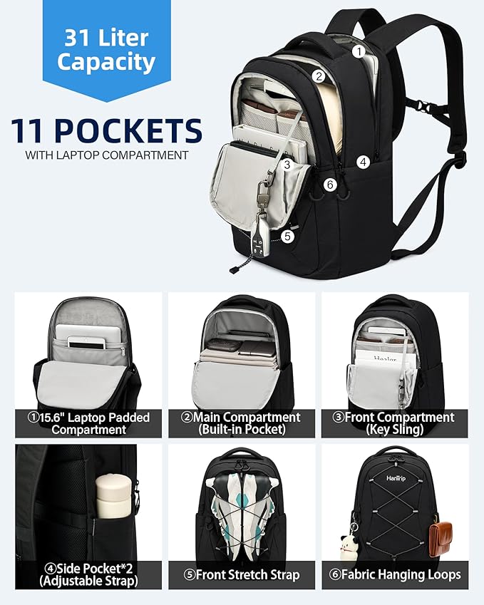 Travel Laptop Backpacks for Women Men, Large Work Backpack for Commuter College School Book Bags, Reflective Water Resistant Backpack with Luggage Strap Water Bottle Pocket Chest Strap, Black