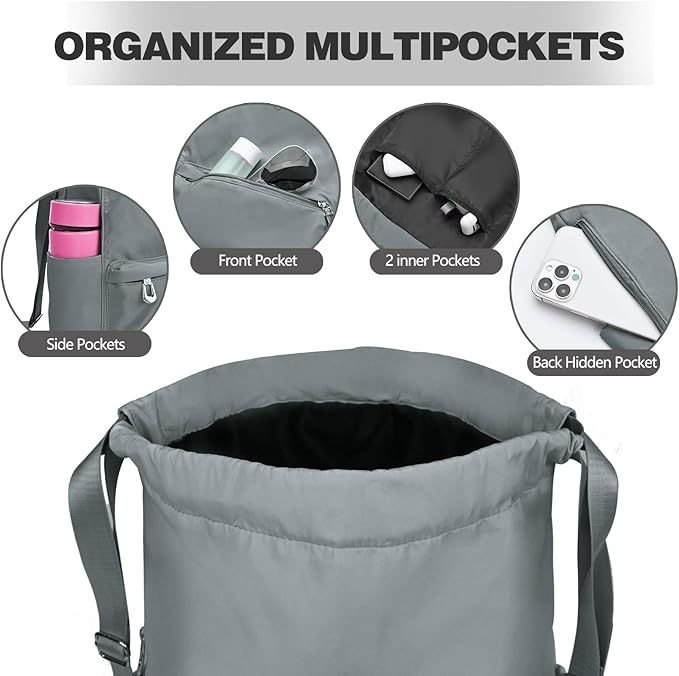 Drawstring Backpack with Wet Pocket Gym Backpack Water-Resistant Cinch String Bag Beach Swim for Women Men