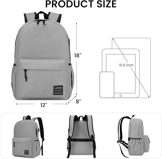 Laptop Backpack for School Teen Boys Girls, Lightweight Casual Backpacks for Men and Women, Classic Basic Water Resistant Casual Daypack, 15.6 Inch Laptop Bookbag for College High School Travel, Grey