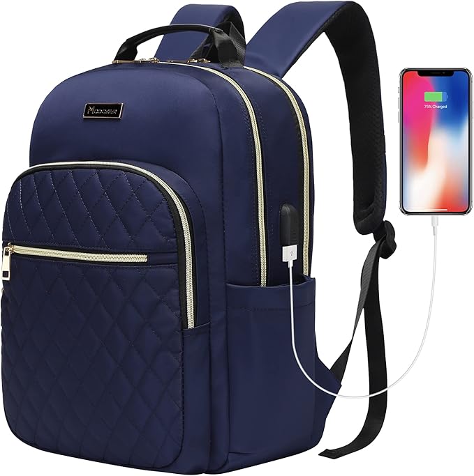 Modoker Eco-Friendly 15.6 Inch Laptop Backpack, Quilted Work Backpack for Women Bookbag Teacher Backpack with USB Charging Port, Travel Backpack Purse for Women Nurse, Blue