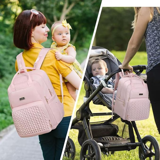 Extra Large Diaper Bag Backpack - Diaper Bag for 2 Kids Twins (Expandable 30L-38L) - Cute Travel Baby Backpack with Changing Pad for women (Pink, Water Resistant)
