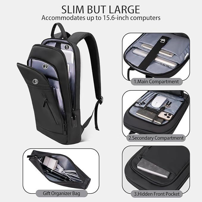 Business Backpack for Men Lightweight Commute Laptop Backpack Anti-Theft Water Resistant Backpack for 15.6 Inch Computer for Daily Office Work with Small Bag (Black, 15.6")