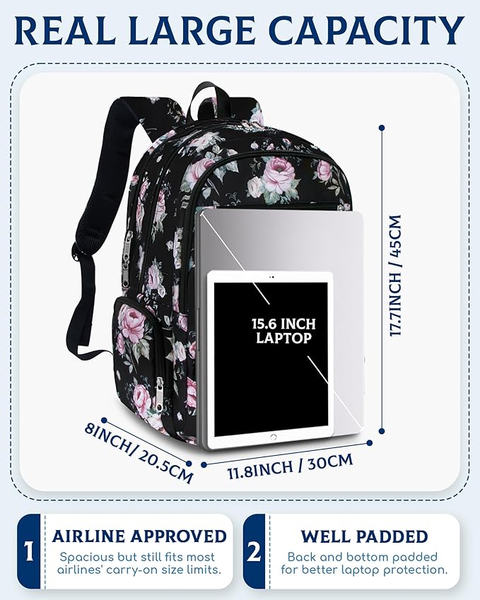Large Backpack for Women Backpack with Lots of Pockets for Travel Work School Bookbag with Laptop Compartment for High School College Girls Mochilas Morrales para Mujer (Black/Pink, Floral)