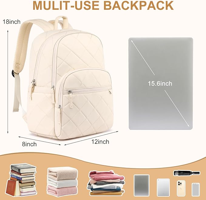 Backpack for Women, Quilted Puffer Casual Daypack, College School Backpack for Girls, Water-Resistant Bookbag for 15.6 Inch Laptop