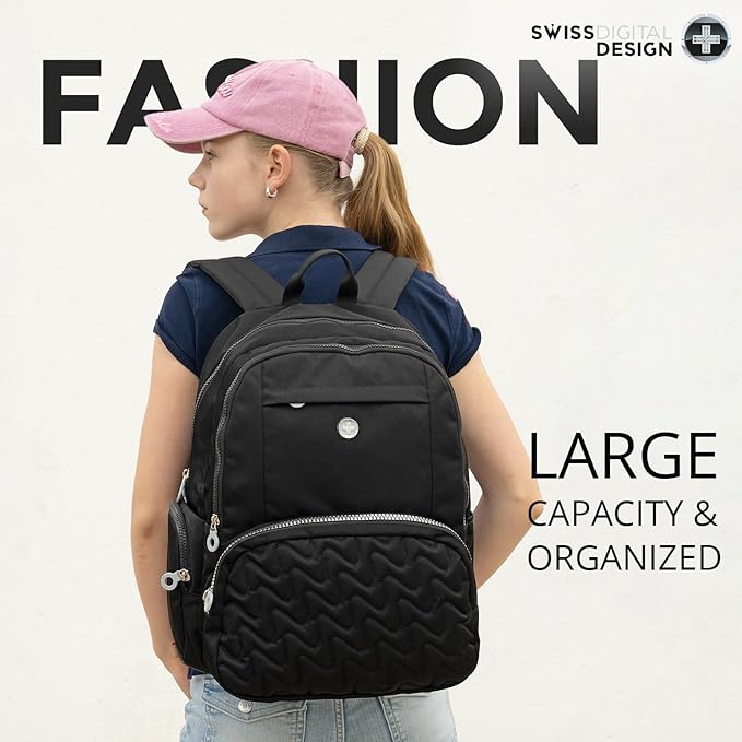 Swissdigital Design Backpack for Women, 15.6 inch Laptop College Black Medium Simple Modern Backpacks for School with USB Charging Port for Womens Girls | SD1711-01