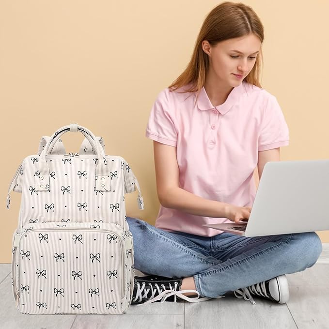 Laptop Backpack for Women, Corduroy College School Backpack Bookbag 15.6 inch Business Computer Travel Backpack (Bow Tie)