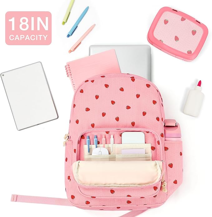 mibasies School Backpack for Girls with Laptop Sleeve: 18IN Large Capacity Corduroy Bookbag for Primary Middle School/College, Travel Daypack for Teens Women - Red Strawberry