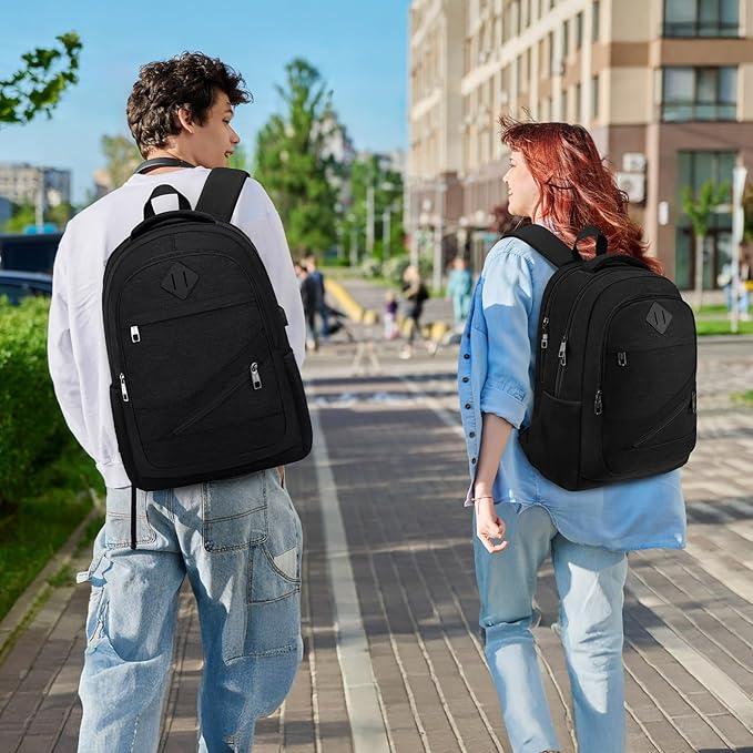 School Laptop Backpack for Women Men: 17.3 Inch College High School Backpacks with USB Charging Port Waterproof Travel Back Pack with Anti-theft Pockets Casual Work Daypack for Boys Students (Black)