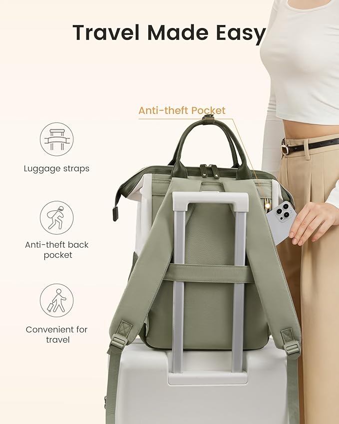 LOVEVOOK Laptop Backpack for Women with Giant Tumbler Holder,17 inch Professional Nurse Teacher Backpack Computer Laptop Bag,Cute Travel Backpack Purse Work College Bag, Beige-Bean green-Army green