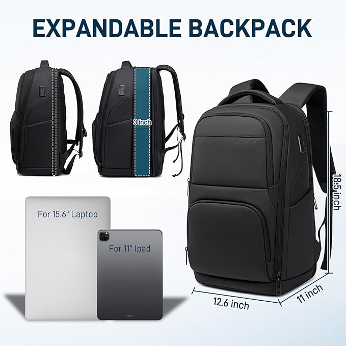 FENRUIEN Expanded Laptop Backpack for Men, TSA-Friendly Travel Backpack with USB Charging Port, Anti-Theft Business Work Pack, Water-Resistant Fits 15.6”Laptop for Weekender