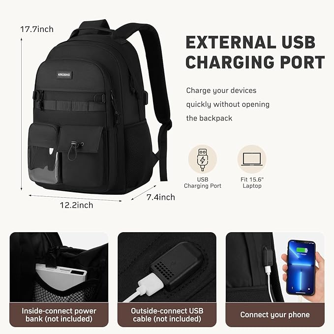Black Backpack for Women Men, High School Bookbag for Teen Boys and Girls 15.6 Inch Laptop Bag with USB Charger for College Travel Business