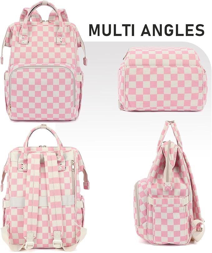 Laptop Backpack for Women, Corduroy College School Backpack Bookbag 15.6 inch Business Computer Travel Backpack (Checkered Pink)