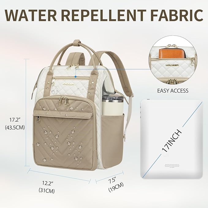 KROSER Laptop Backpack 17" Stylish Backpack Water Repellent College Casual Daypack with USB Port Travel Business Work Bag for Men/Women-Beige/khaki