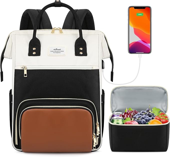 ETRONIK Lunch Backpack, 17.3 Inch Laptop Backpack with USB Port, Stylish Nurse, Teacher Work Bag with Insulated Cooler Lunch Box for Women Men/Travel, Black-Beige-Brown