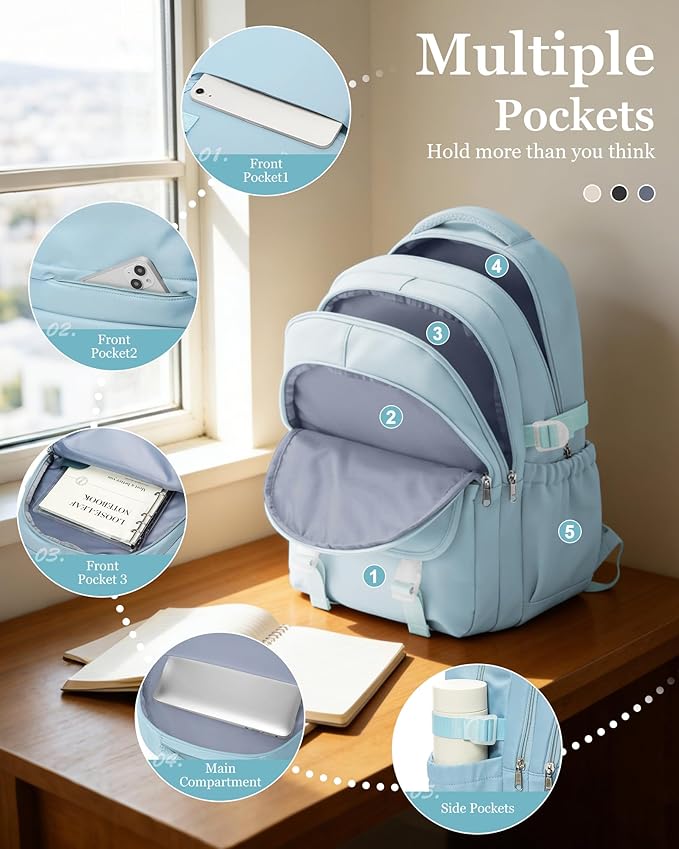 Waterproof Aesthetic Backpack For School, Cute High School Bookbag For Teen Girls Boys, Lightweight Casual Daypack Backpack For Women Men, College Backpack With Lots Of Pockets（Blue）