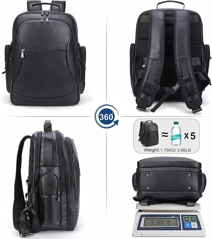 TIDING Genuine Leather Backpack for Men Large Capacity 17.3 Inch Laptop Bag Black Waterproof Business Work Travel Daypack