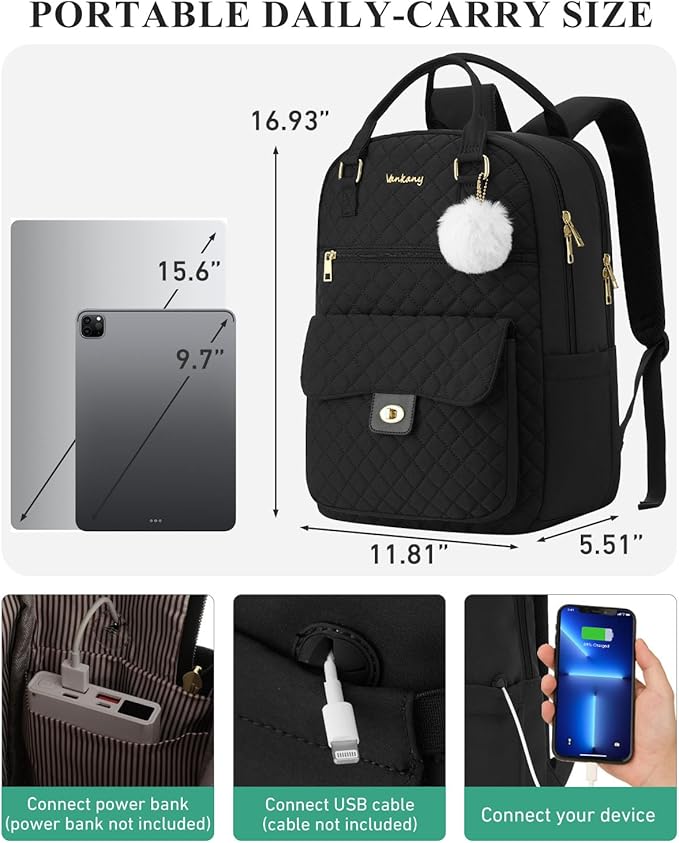 Teen Girls Backpack for School, 15.6in Laptop Backpack with Charging Hole for Travel Work, Cute Bookbag Purse Computer Daypack for Women, Black