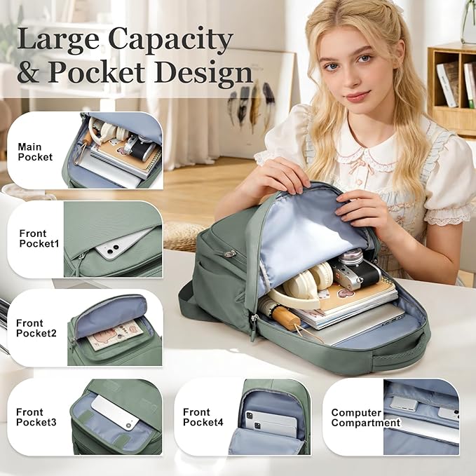 Cute School Backpack for Teens Girls Boys Waterproof School Bag Basic Backpack for College Students Multi Pocket Backpack Lightweight Casual Daypack Backpacks for Women Men（Green）