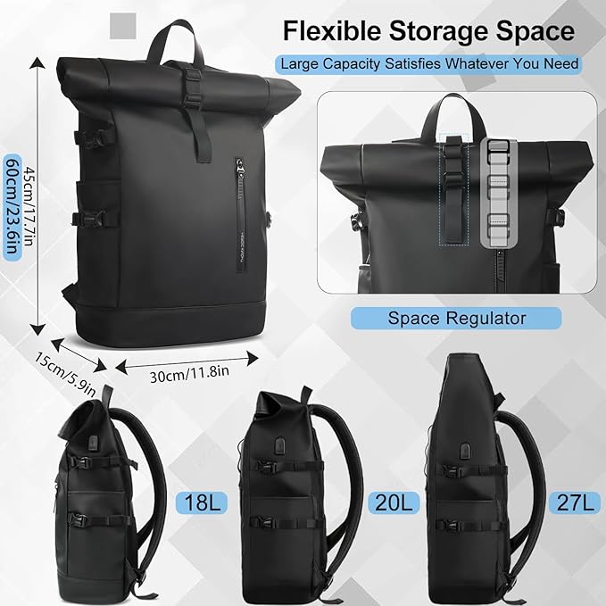 Rolltop Backpack, 15.6 Inch Waterproof Laptop Backpack with USB Charging Port, Expandable 18-27L Travel Backpack for Men Women, Casual Daypack for Work Business College-Black