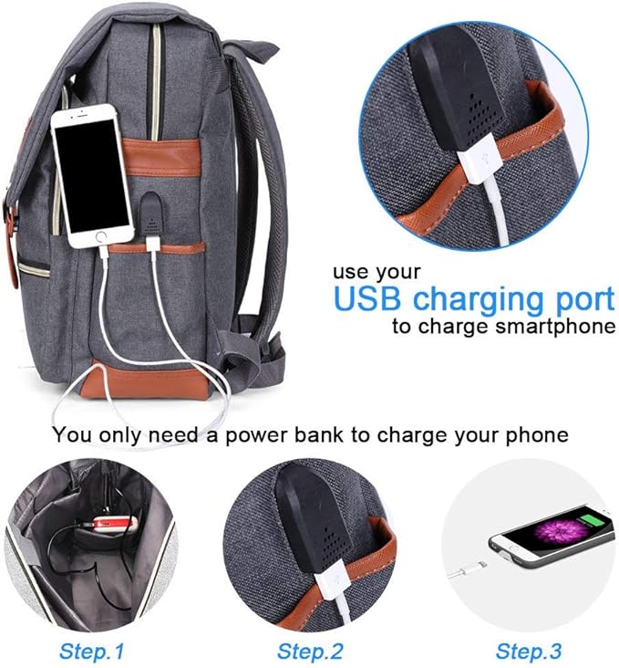 Modoker Eco-Friendly Vintage Laptop Backpack for Women Men,Travel Backpacks with USB Charging Port Fashion Backpack Fits 15.6Inch Notebook, Grey