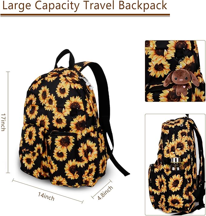 Women's Water-resistant Daypack Backpack, 15.6 Inch Laptop Compartment & Anti-Theft Pocket, Adjustable Padded Straps for Commuting, Travel, Work, College, Sunflower