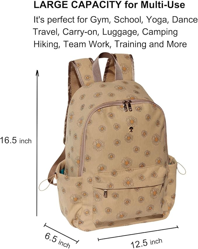ESVAN Corduroy Backpack Lightweight Fashion 17 inch Laptop Bag for Women Casual College (Corduroy Brown daisy)