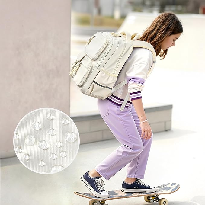 mibasies School Backpack for Teen Girls: 17.9 IN Backpack for Women with Laptop Compartment for Middle High Elementary School College Travel- Kids Bookbag Beige